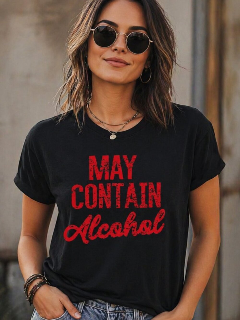 May Contain Alcohol Graphic Tee Black Red Funny Slogan T-Shirt M NWOT